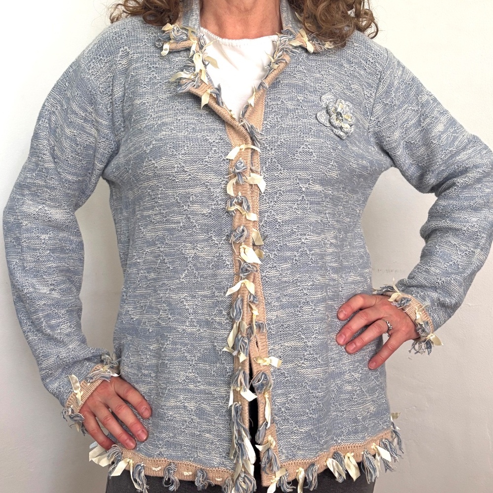 Storybook Knits Size medium Blue Heather Cardigan Embellished Trim Knit